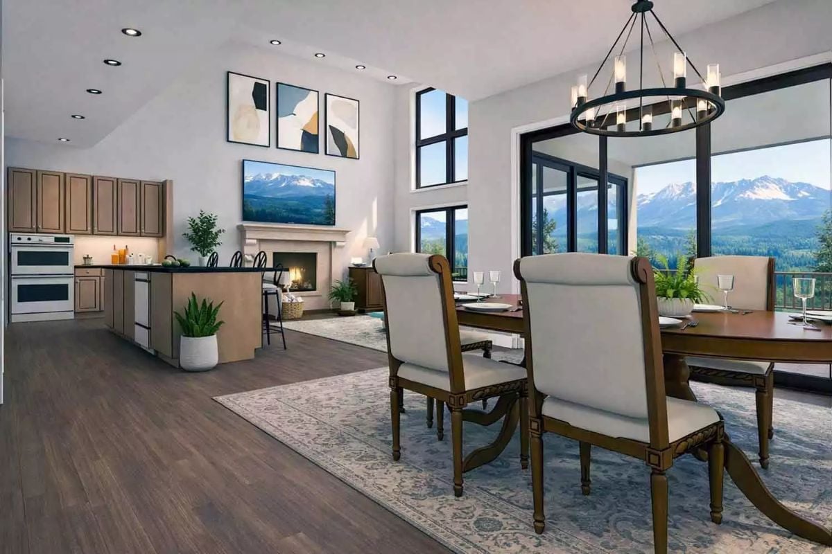 Snow-Capped Views Through Black-Framed Glass Do More Work Than the Fireplace