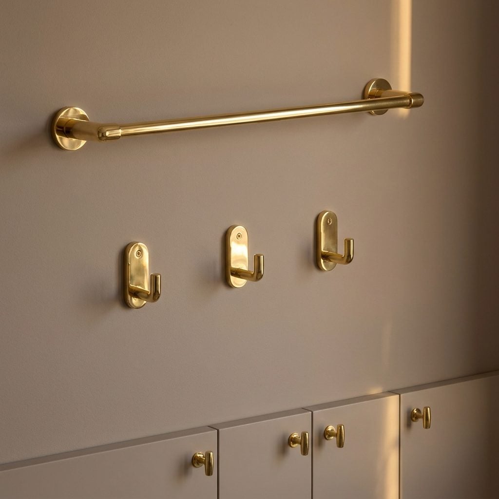 The Matching Brass Towel Bars, Hooks, and Pulls