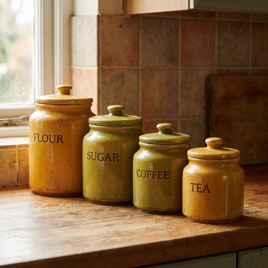 The Matching Flour, Sugar, Coffee and Tea Canisters Lined Up by Size