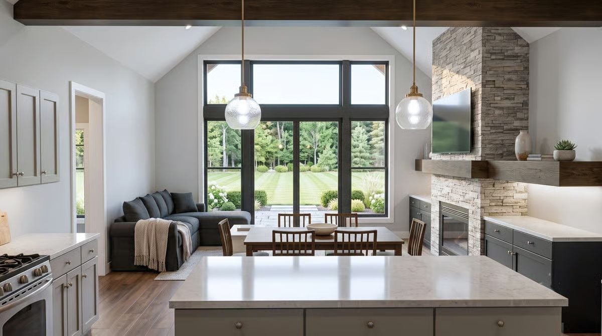 Globe Pendants and a Stone Fireplace That Anchor an Open Kitchen Without Competing