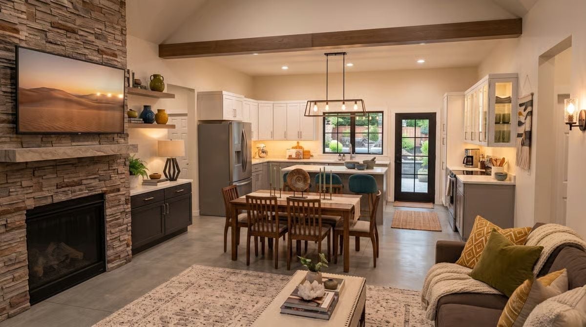 Stacked Stone, Exposed Beams, and a Kitchen That Actually Connects to Real Life