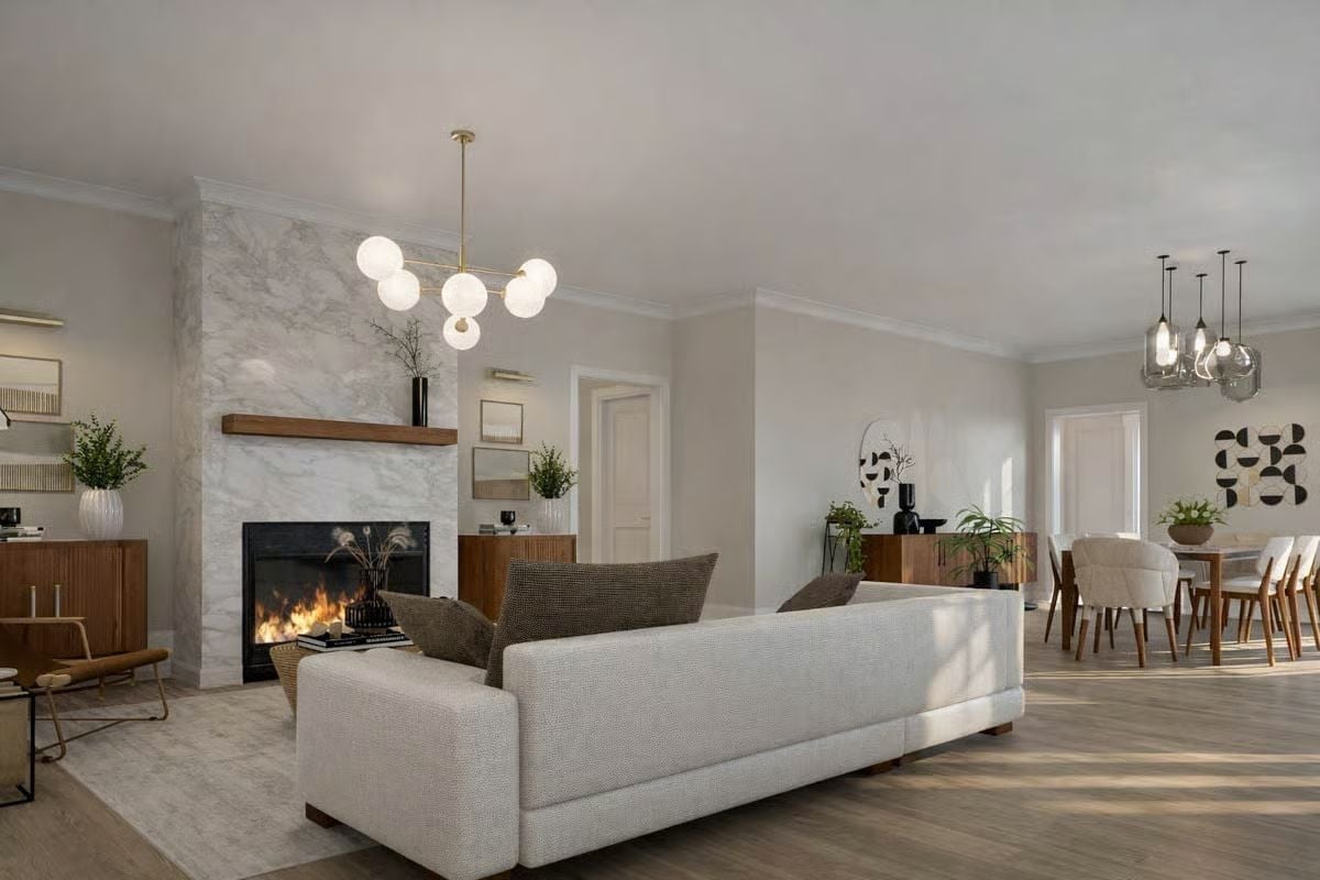 Marble Fireplace Wall and Globe Chandelier Set the Tone for the Whole House