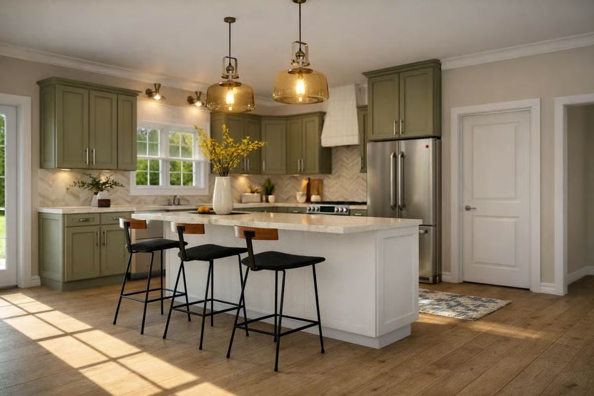 Sage Cabinets and Amber Glass Pendants Make This Kitchen Worth Lingering In