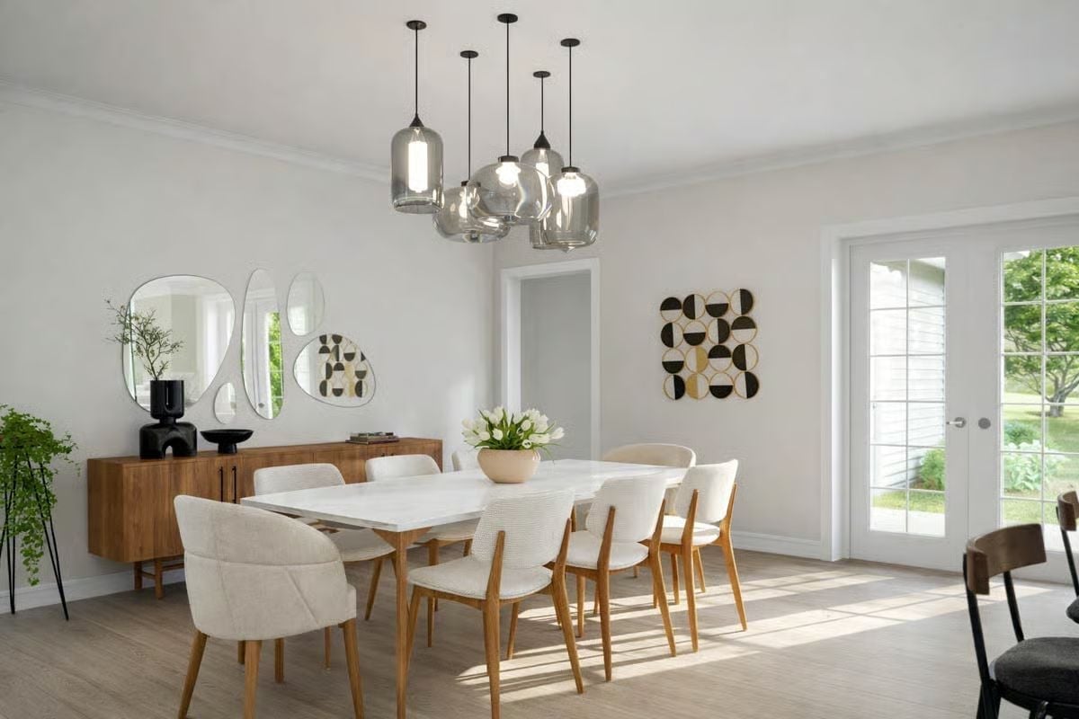 Smoked Glass Pendants Steal the Show in This Sun-Drenched Dining Room