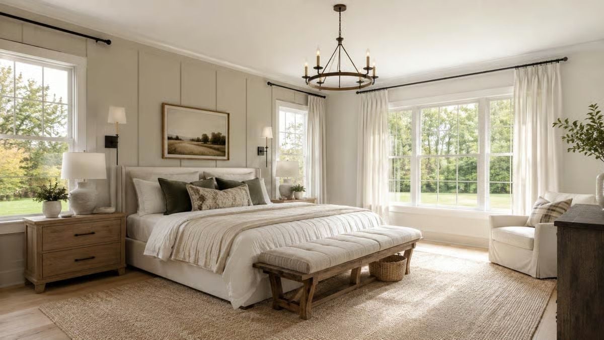 Warm Linen Bedding and a Jute Rug Ground This Farmhouse Primary Bedroom
