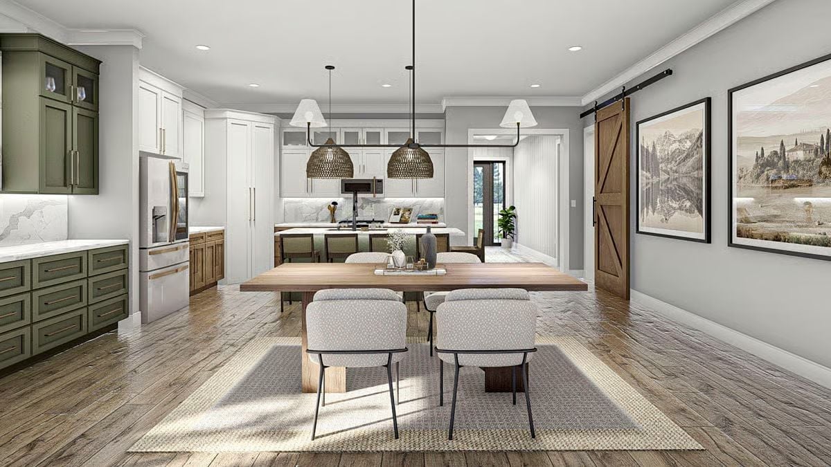 Barn Door, Bronze Pendants, and Green Cabinetry Doing Heavy Lifting Together