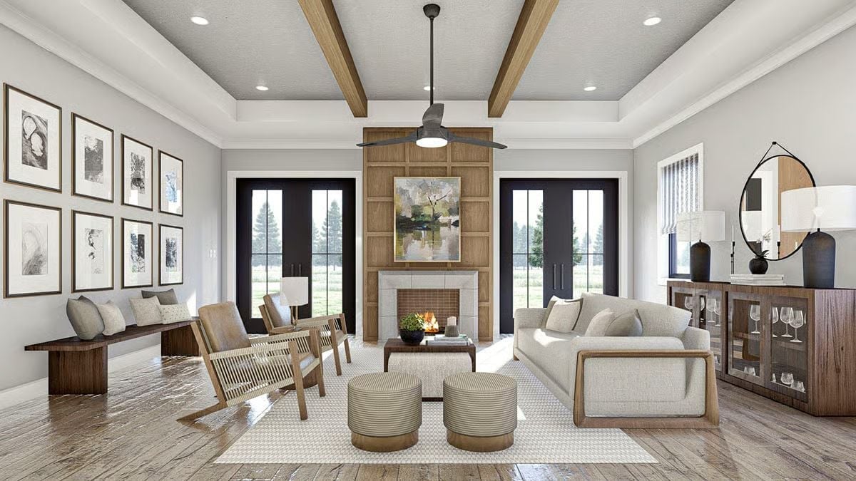 Coffered Ceiling, Wood-Paneled Fireplace, and a Room That Actually Has Room