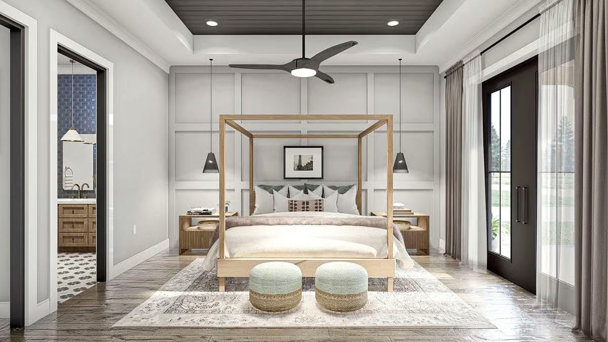 Four-Poster Frame, Coffered Ceiling, and Pendants That Know Their Place