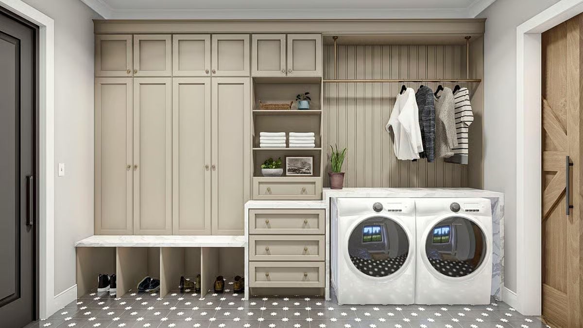 Hanging Rod, Open Shelves, and a Laundry Room That Works Like a Mudroom Too