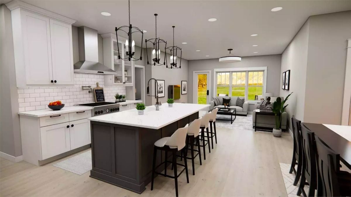 Dark Island Base, White Marble Top, Four Stools: Kitchen That Means Business