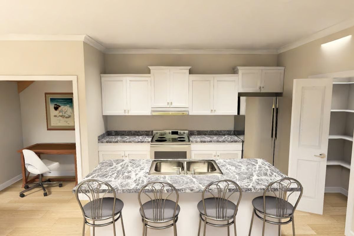 Gray Marble Countertops That Pull Double Duty as a Kitchen Island and Breakfast Bar