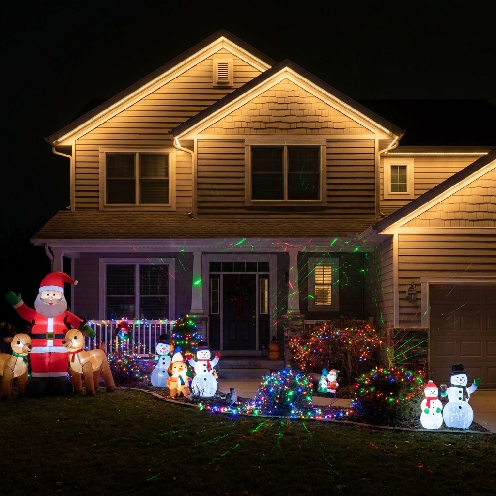 Mixing Elegant Roofline Lights With Cartoon Characters, Projectors, Inflatables, and Flashing Decorations