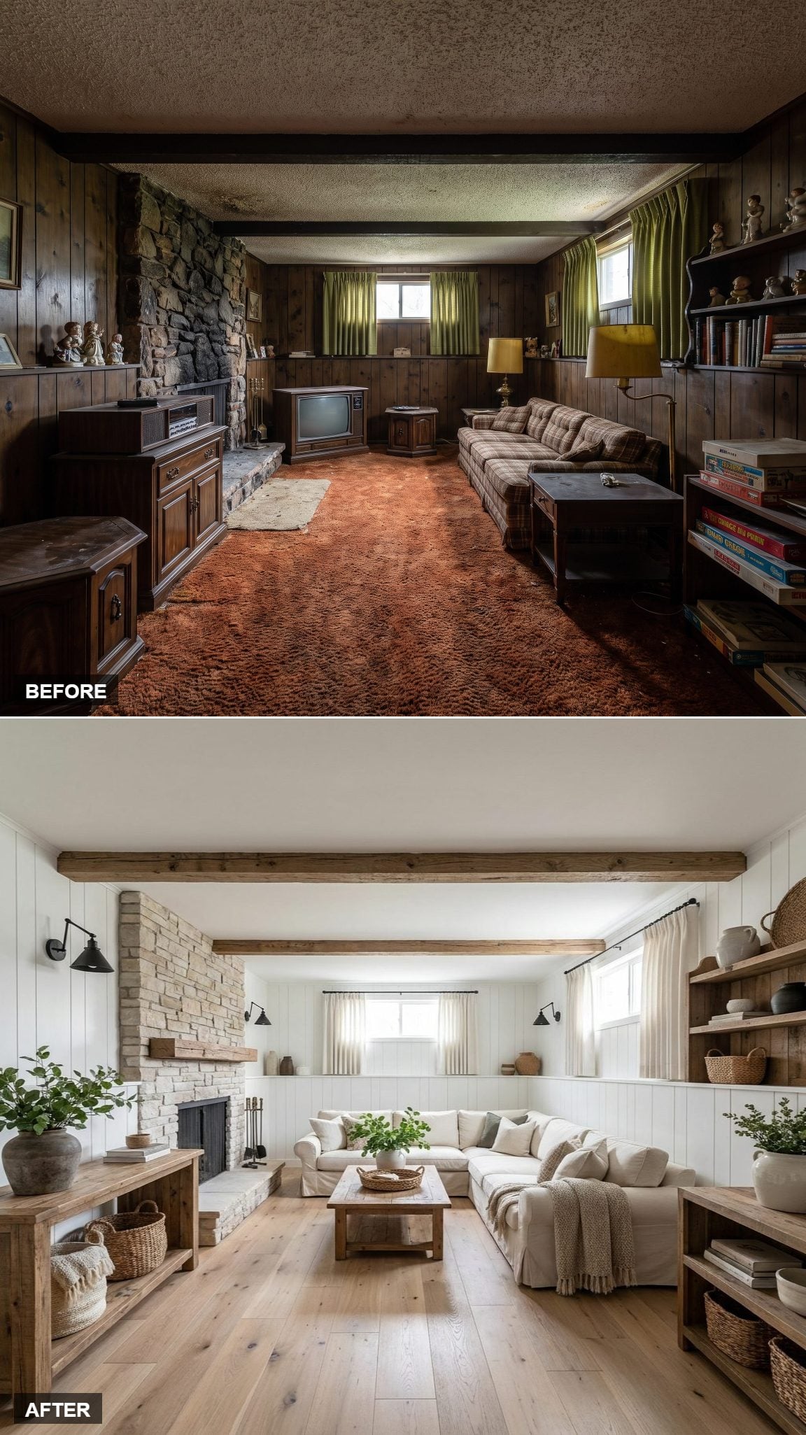 Modern Farmhouse with White Oak Floors, Reclaimed Beams, and a Stone Fireplace