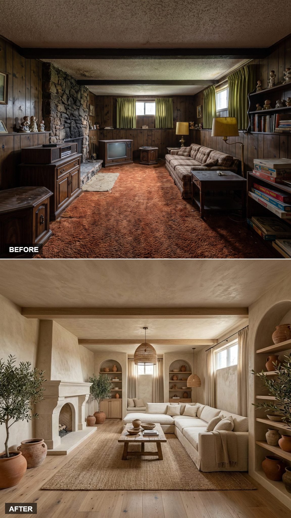 Modern Mediterranean with Limestone Plaster, Arched Built-Ins, and Olive Trees