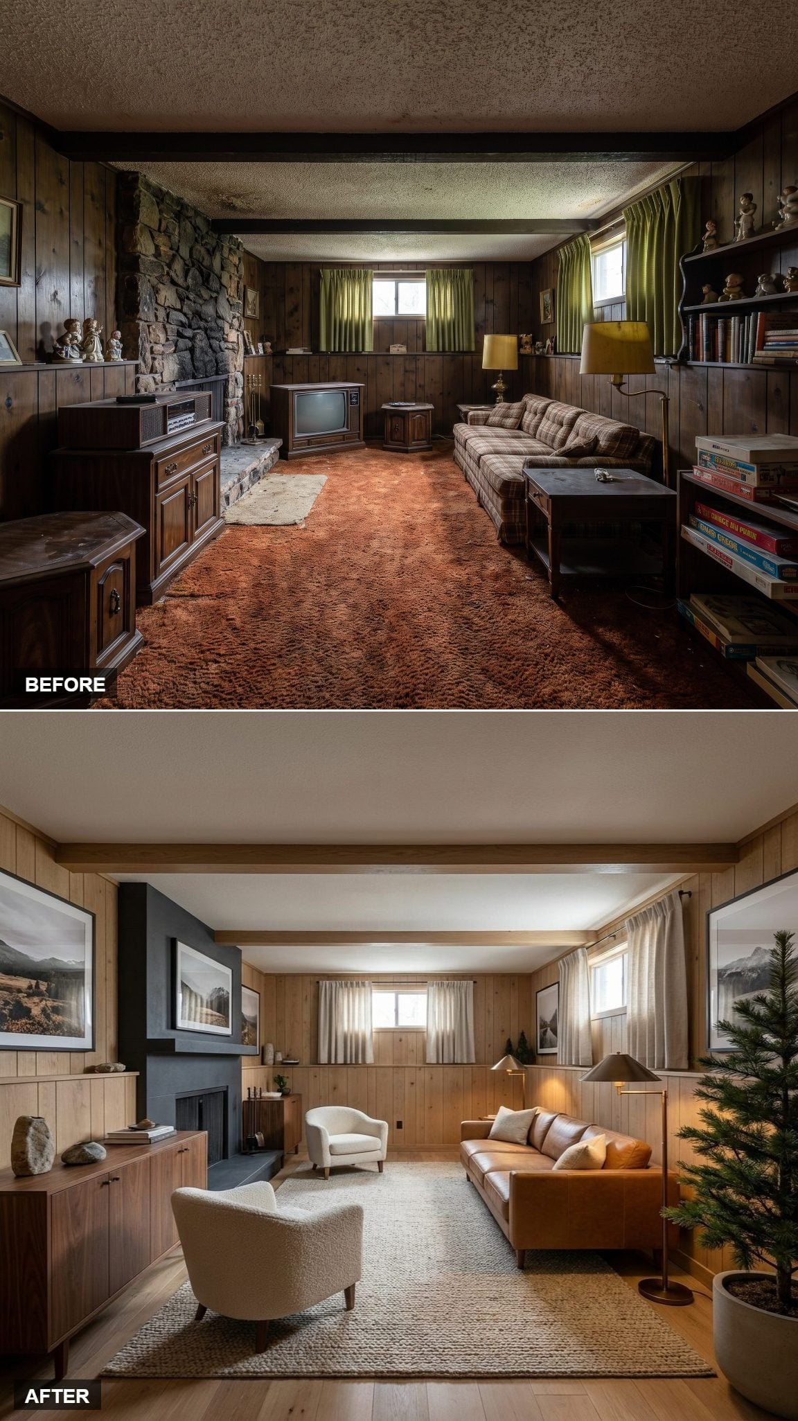 Modern Mountain Lodge with Caramel Leather, Walnut Cabinetry, and an Indoor Pine