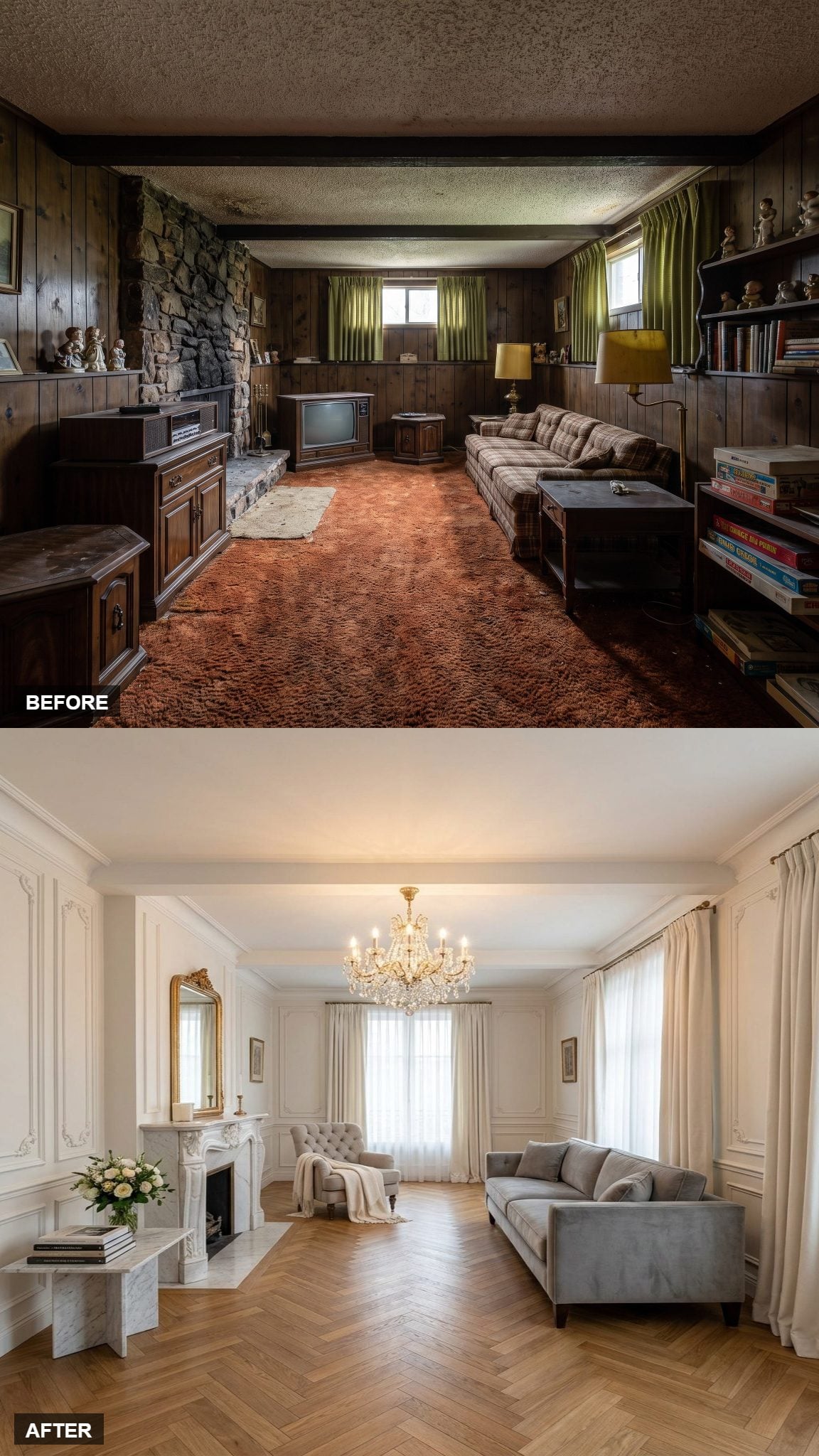 Modern Parisian Salon with Marble, Herringbone Oak, and a Crystal Chandelier