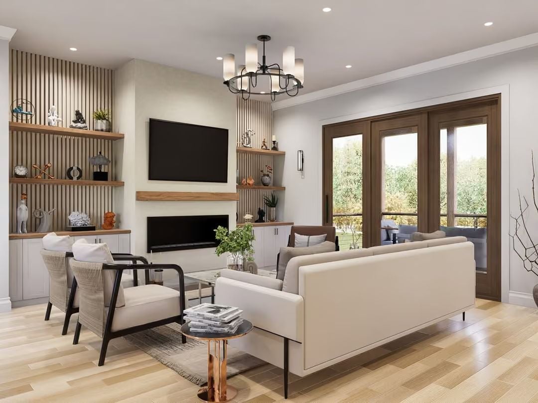 Slatted Wood Walls and a Fireplace That Pull the Room Together