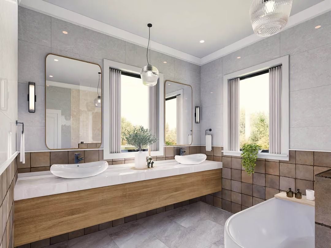 Vessel Sinks and Warm Wood Cabinetry That Make a Double Vanity Worth Sharing