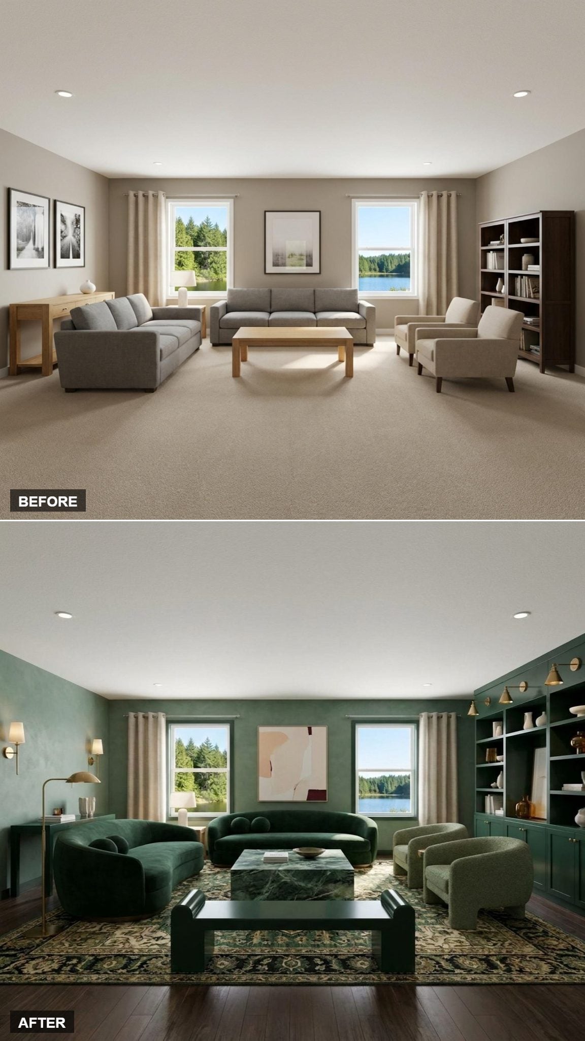 Monochrome Emerald Color-Drenched Lounge with Limewash Walls and Green-Veined Marble Coffee Table