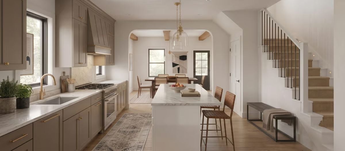 Taupe Cabinets, Brass Hardware, and a Kitchen Island That Actually Has Room to Breathe