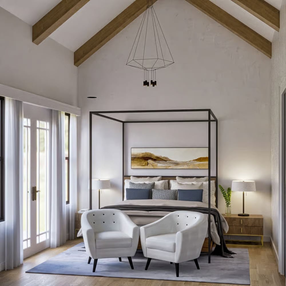 Canopy Bed, Cathedral Ceiling, and Two Chairs That Invite You to Stay Awhile