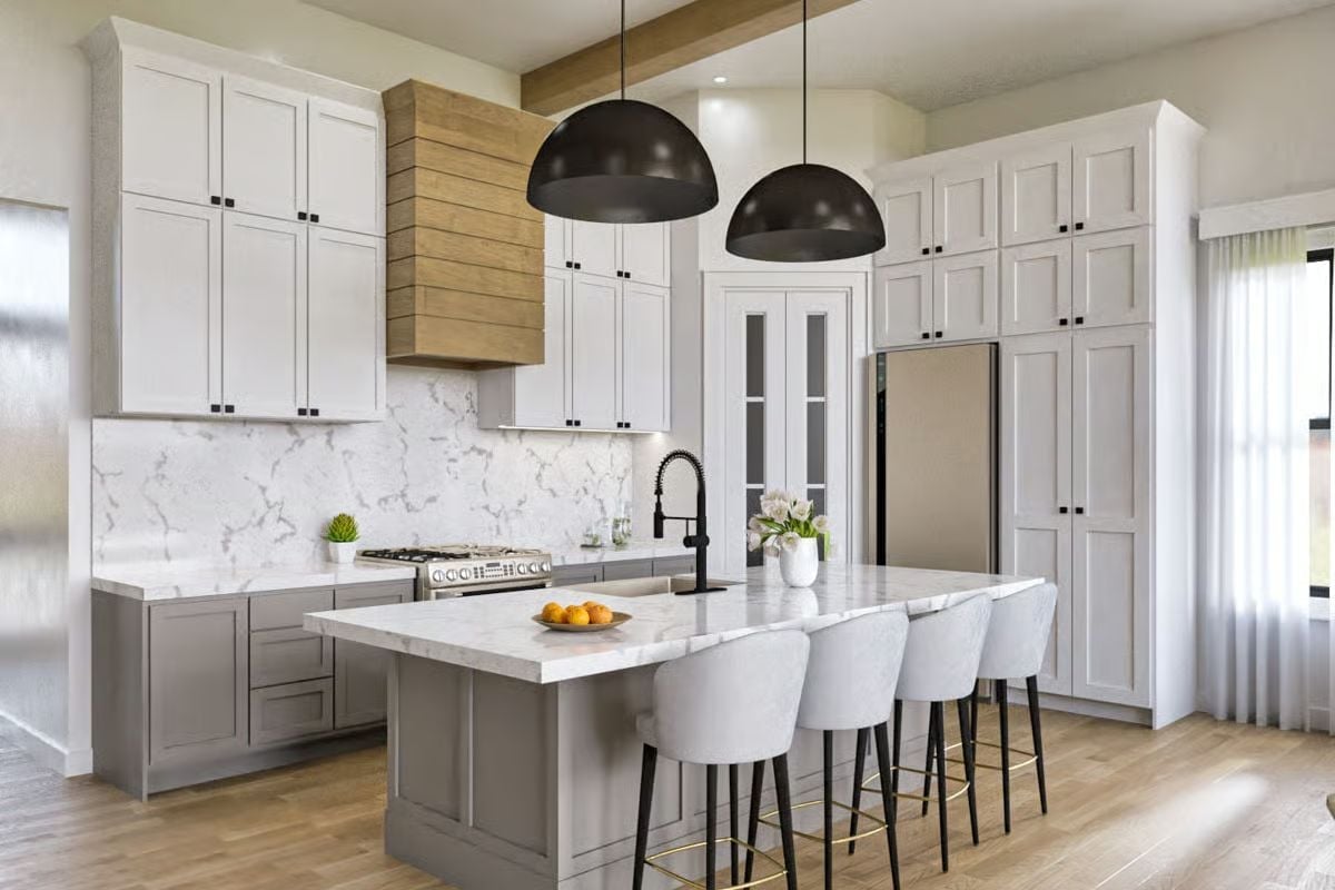 Warm Wood Hood, Gray Island, Black Fixtures Done Right
