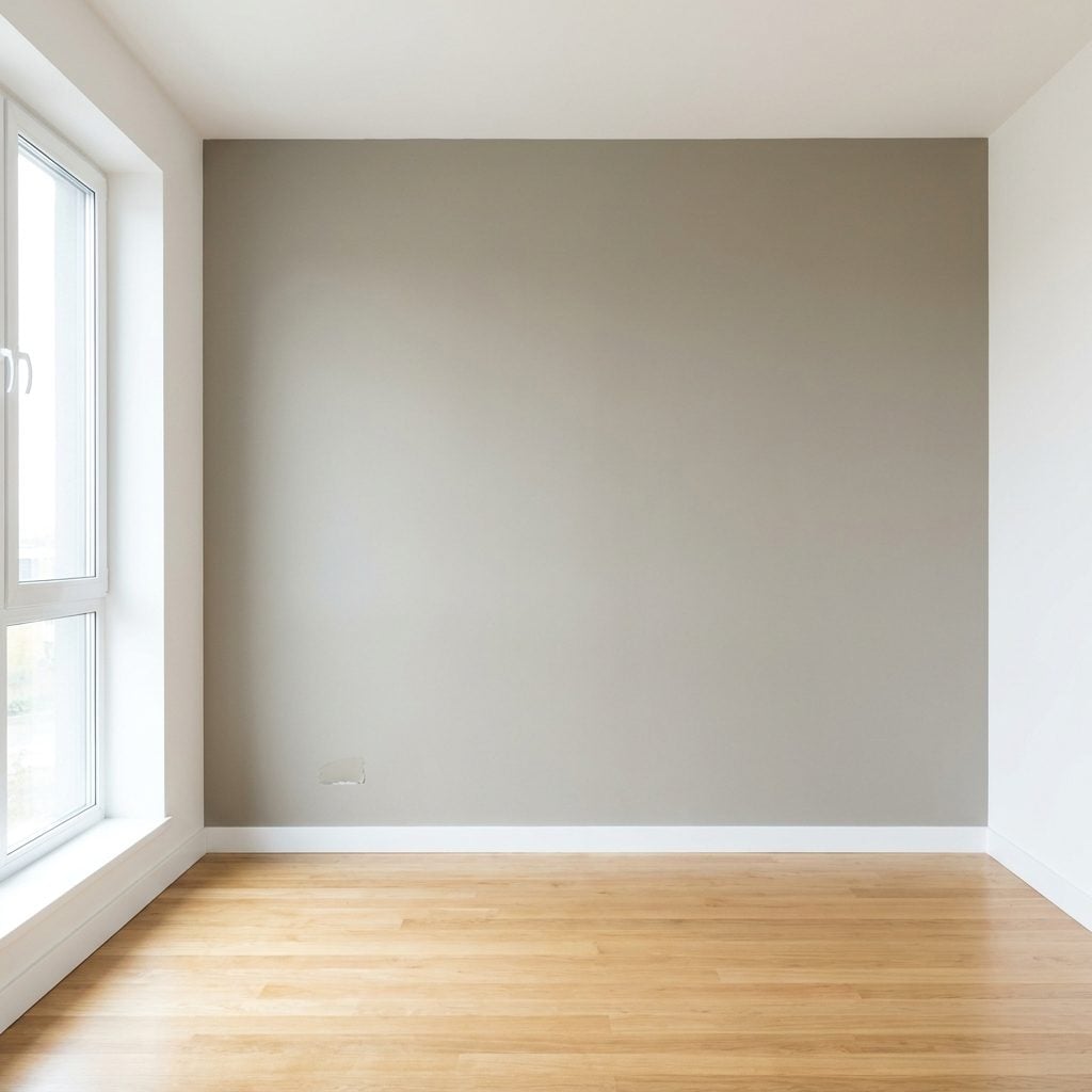 Large open living room painted a muddy greige with gray-brown undertones next to a brighter pale doorway.