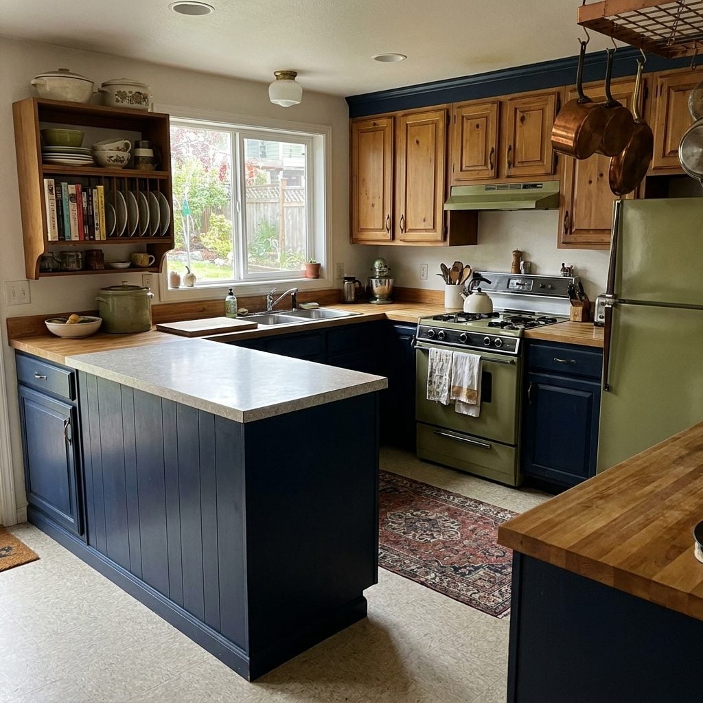 Navy Blue and Natural Wood Kitchens