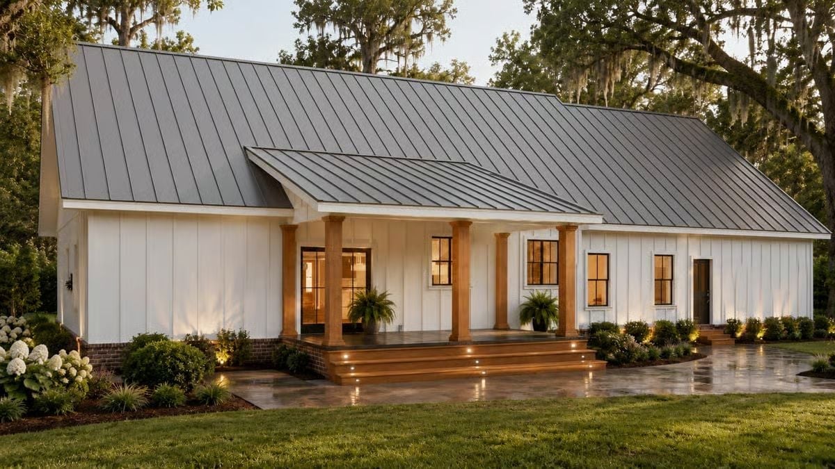 Board-and-Batten White with Warm Wood Columns and a Porch That Earns Its Keep