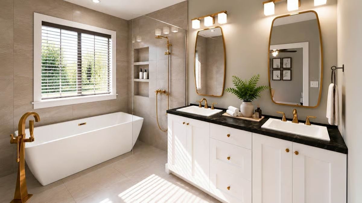 Gold Fixtures, Dark Stone, and a Soaking Tub That Gets the Light Right