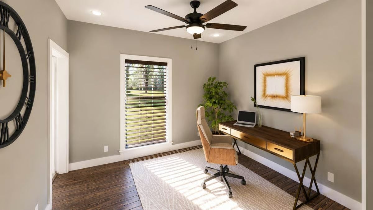 Home Office With Dark Wood Grain, a Leather Chair, and Zero Apologies for the Giant Clock