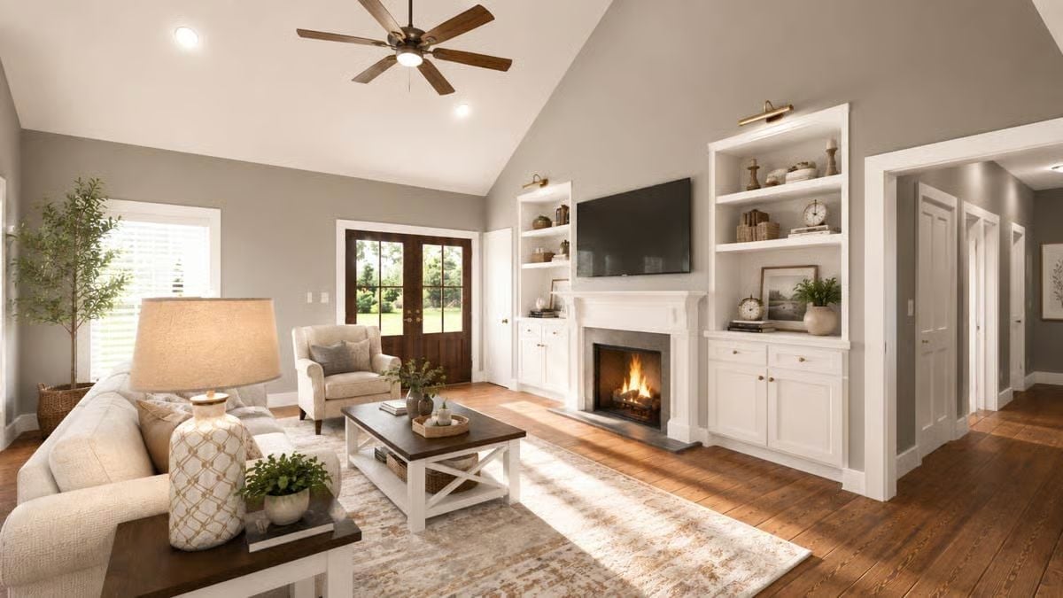Vaulted Ceilings, Built-Ins, and a Fireplace That's Actually Lit