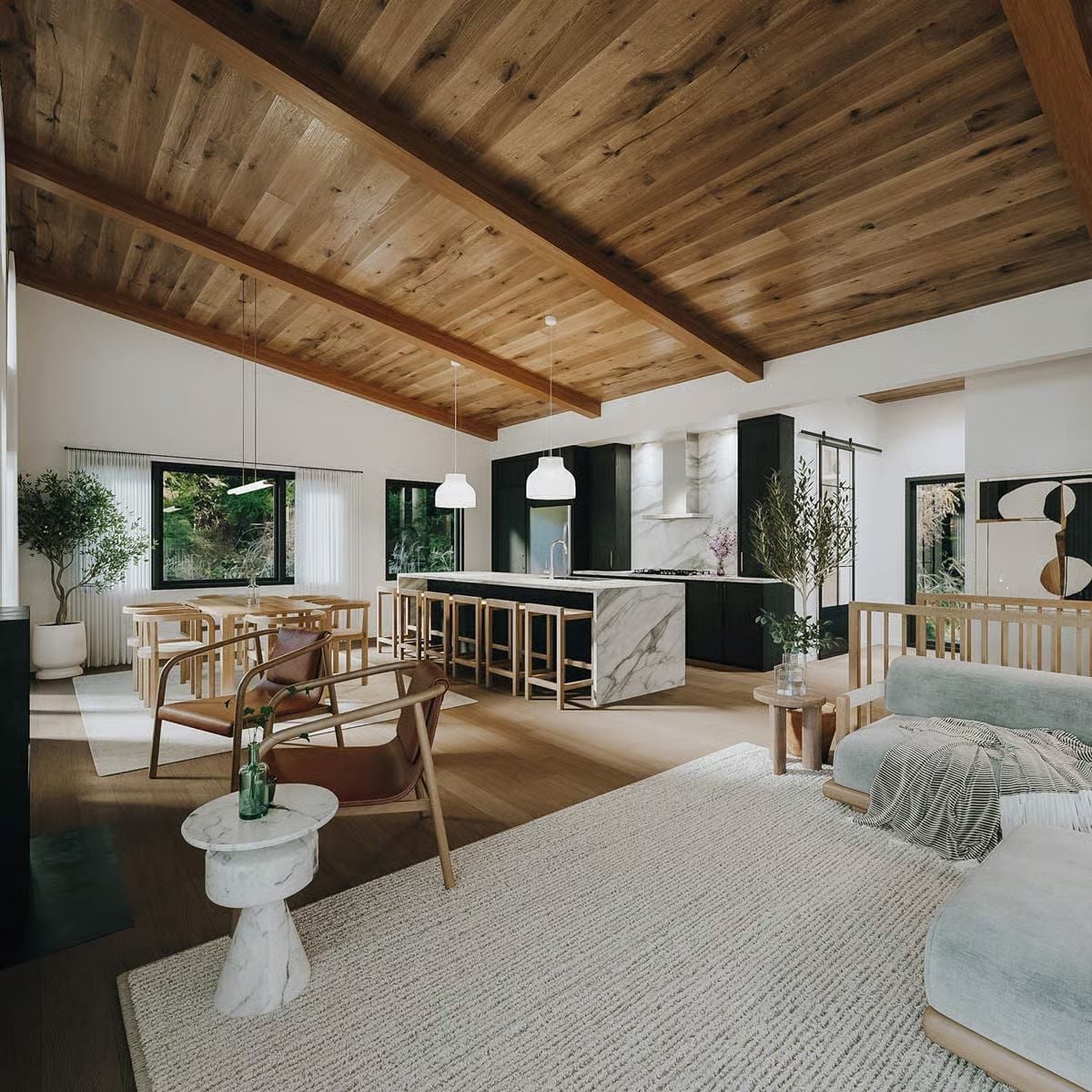 Dark Cabinets, Marble Island, Wood Ceiling — Three Strong Opinions That Somehow Agree