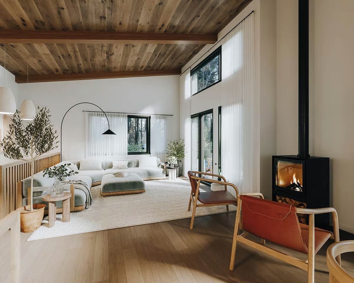Freestanding Fireplace, Sheer Curtains, and a Sofa Low Enough to Disappear Into