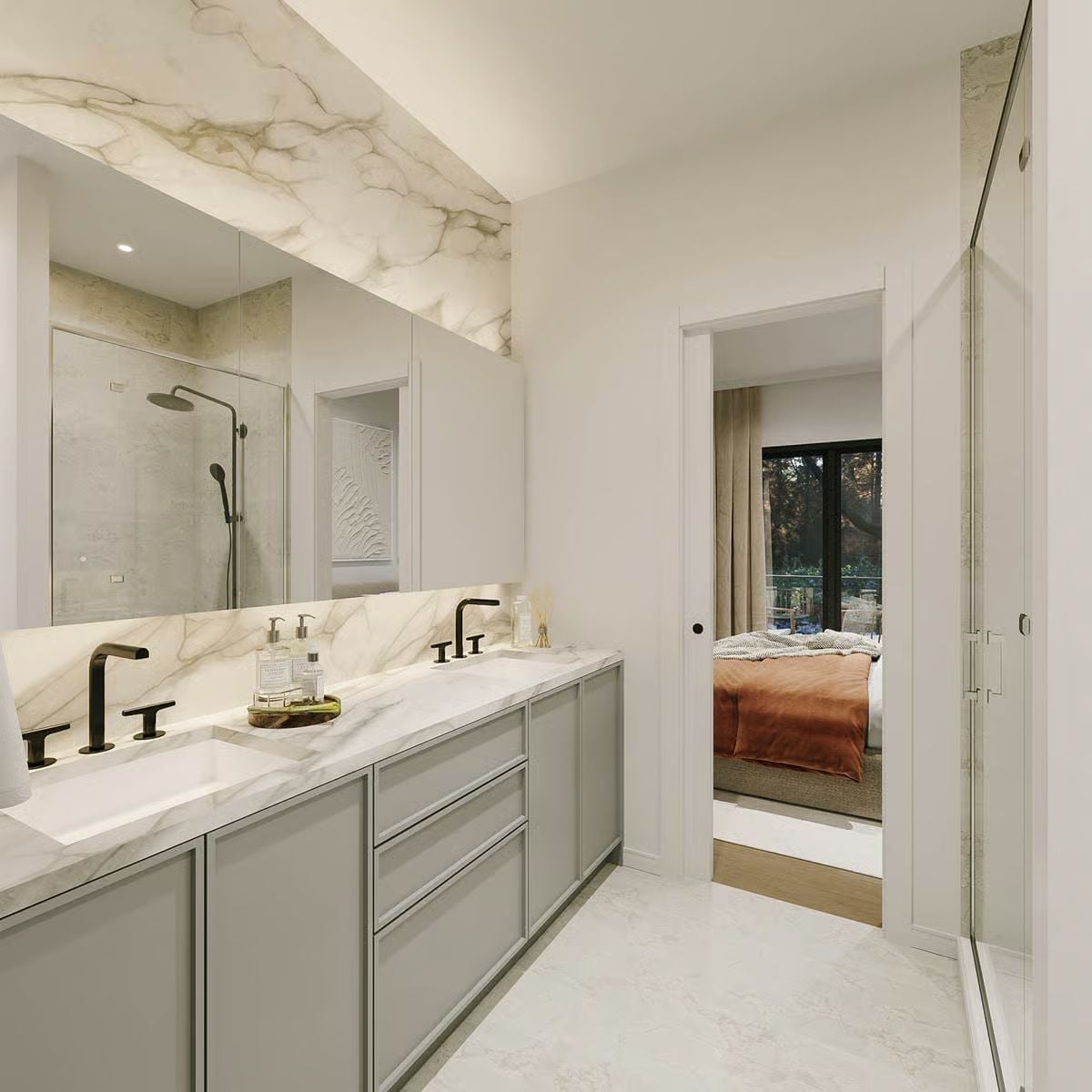 Marble Backsplash Lit From Above, Matte Black Faucets That Mean Business