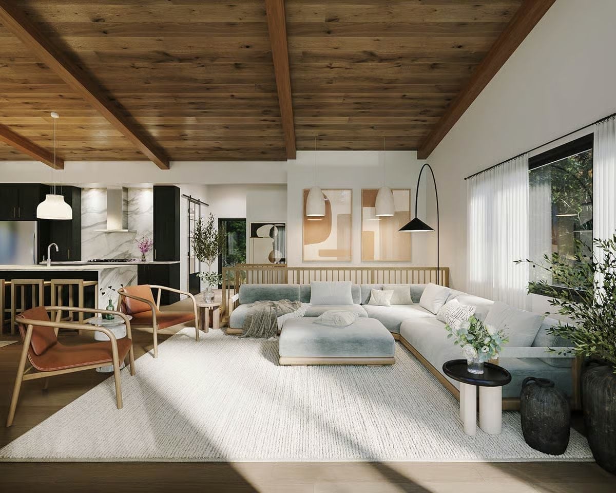 Wood-Beamed Ceiling Does the Heavy Lifting So the Furniture Doesn't Have To