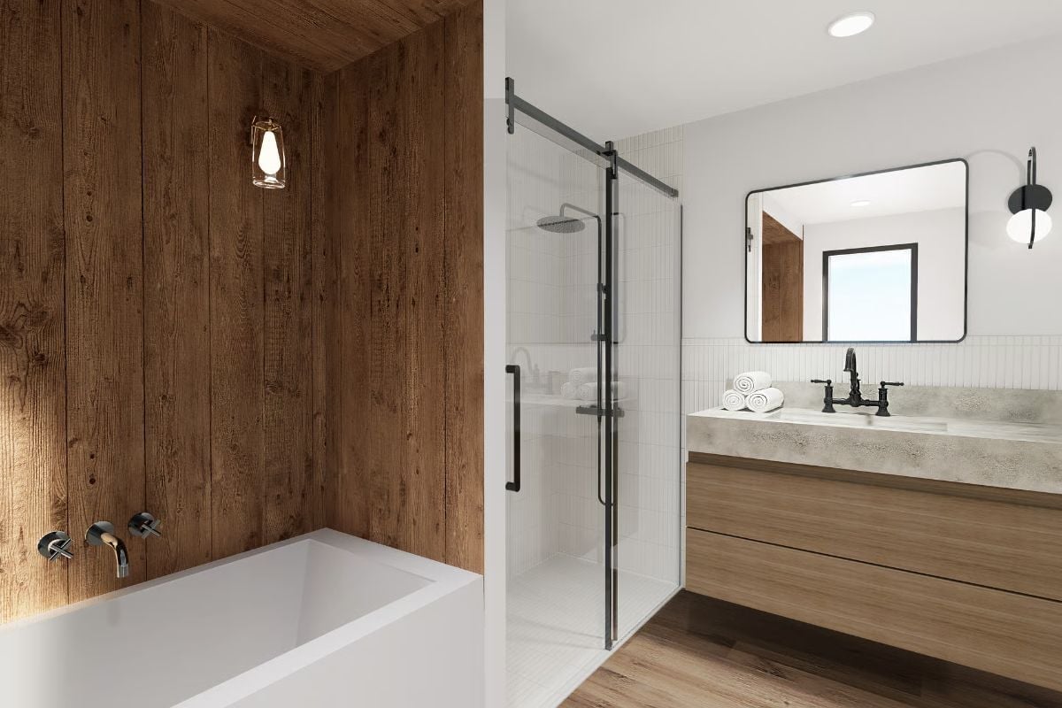 Concrete Vanity and Dark Hardware Pull This Spa Bath Out of Generic Territory