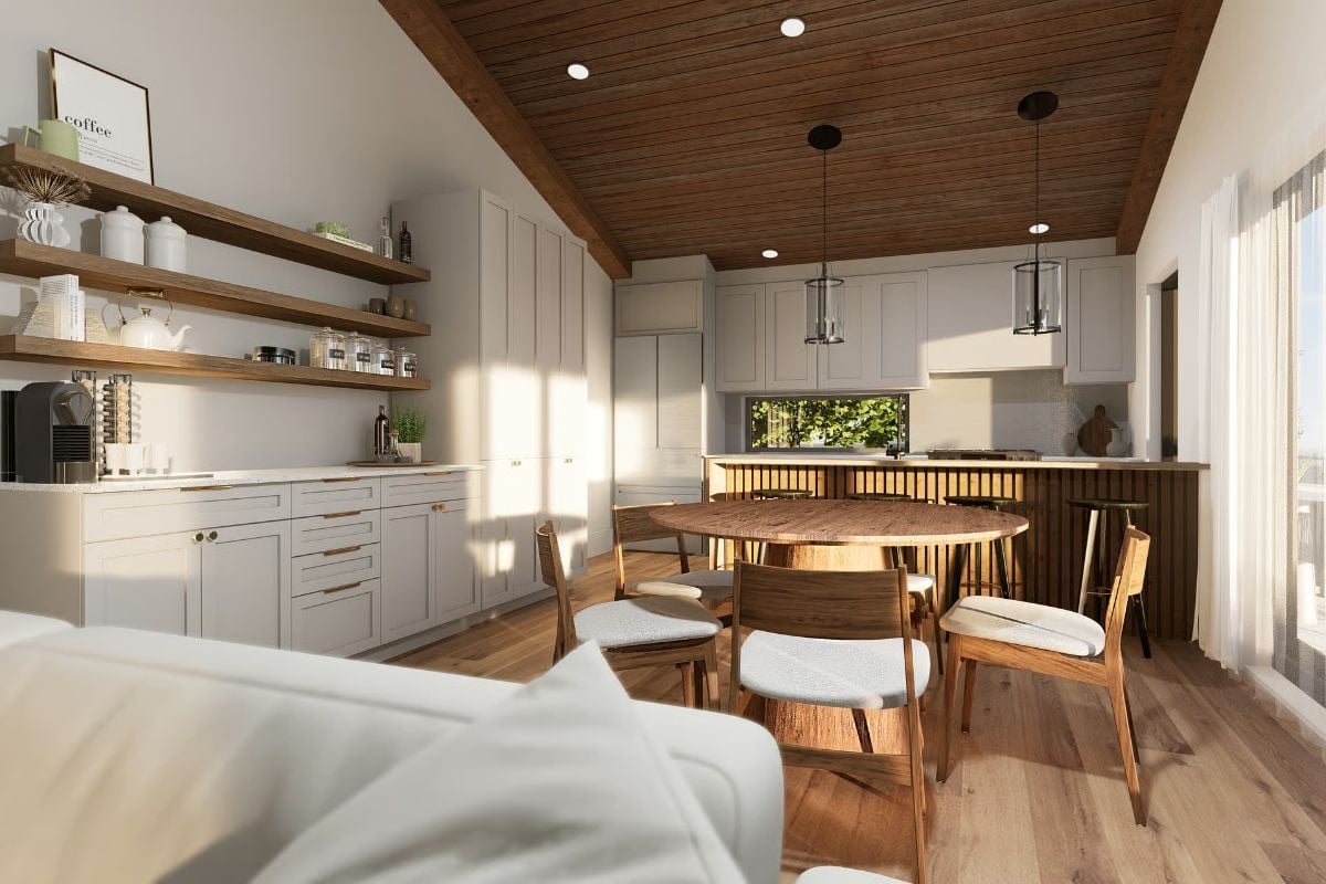 Floating Shelves and a Round Table Pull the Coffee Bar Into the Dining Zone