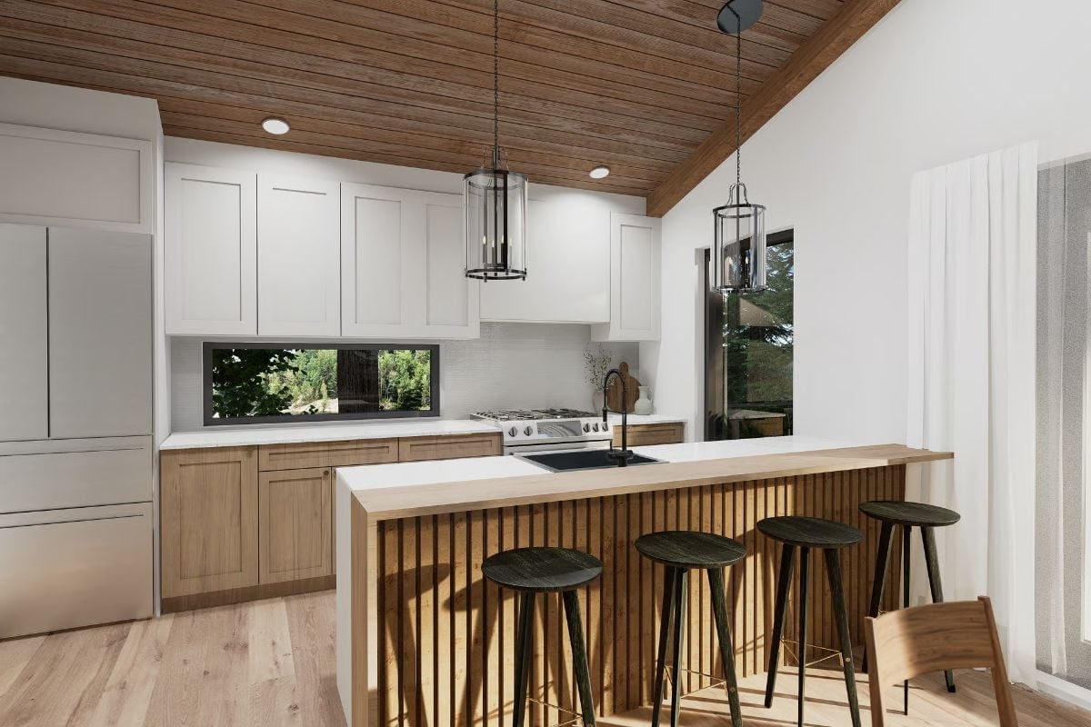 Slatted Peninsula and Wood Ceiling Make This Kitchen Feel Cabin-Grown