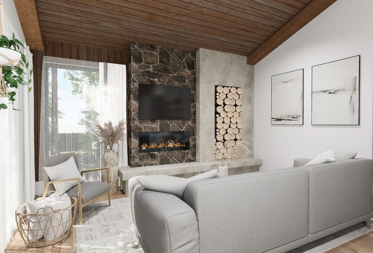 Stone Fireplace Wall and Stacked Firewood Niche Do the Heavy Lifting Here