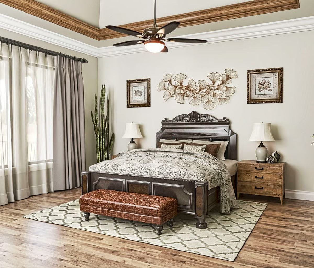 Carved Headboard, Snake Plant, and a Bench That Earns Its Place at the Foot of the Bed