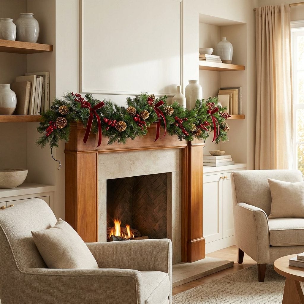 Stone fireplace with a single garland densely packed with pinecones, berries, picks, and sprays.