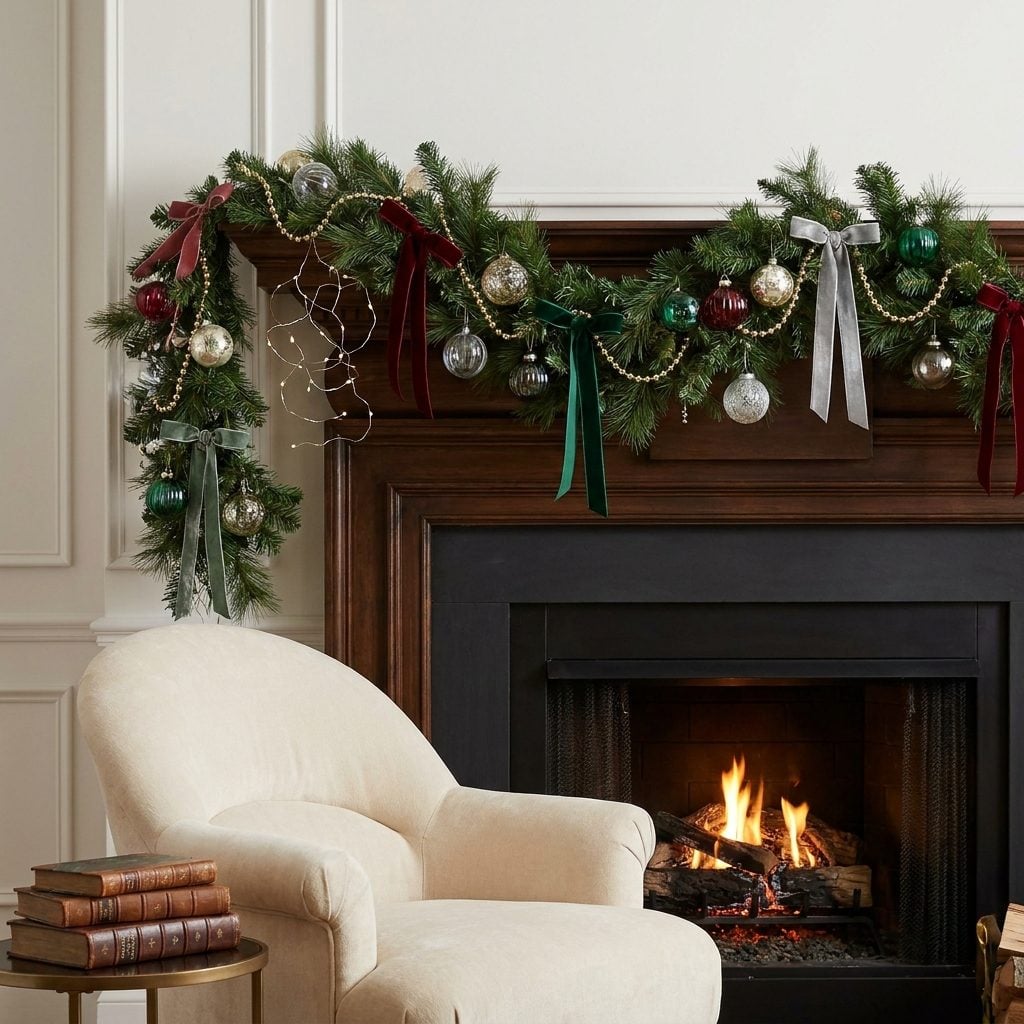 Cedar garland on a green mantel filled with dozens of small red, gold, and silver ornaments in every gap.