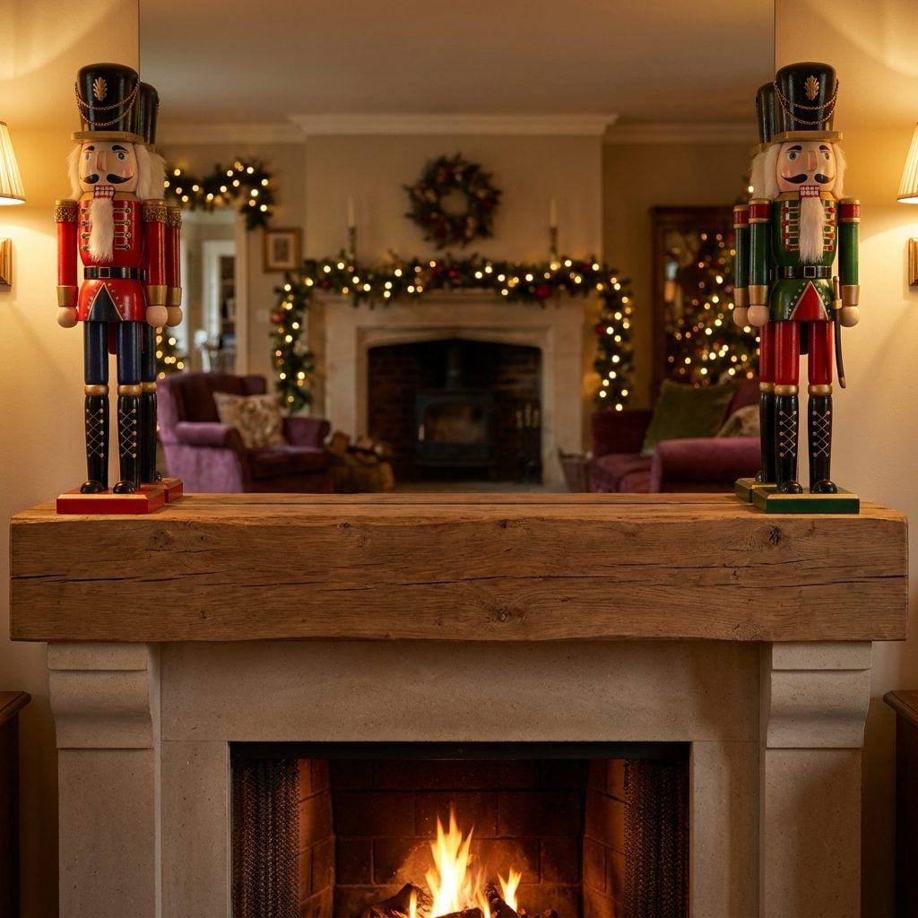 White brick fireplace with two 24-inch nutcrackers standing at opposite ends of the mantel.