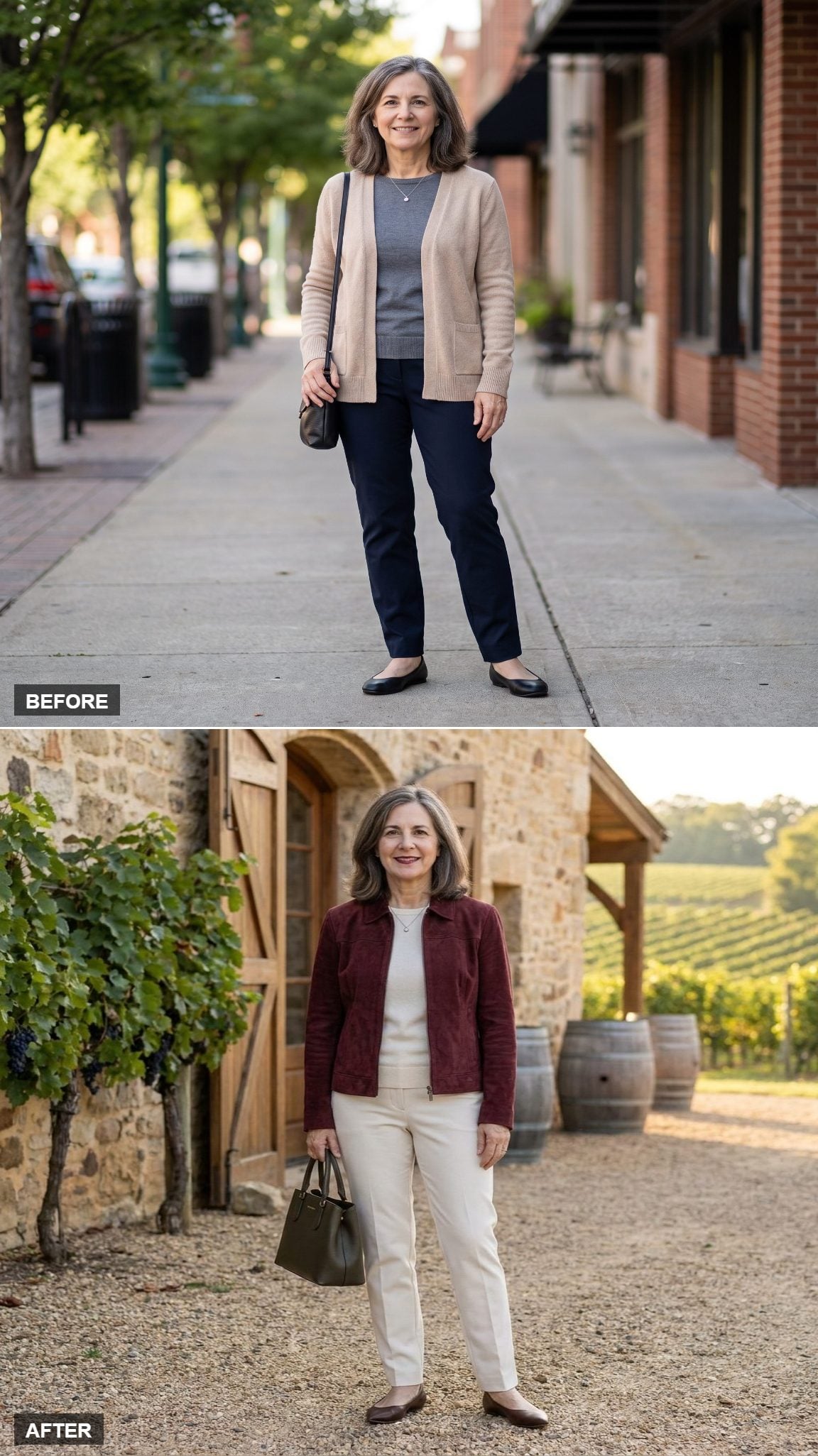 Oxblood Suede Jacket Over an Ivory Column at the Winery
