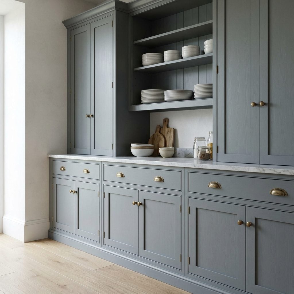 Painted kitchen cabinets in a muted period color