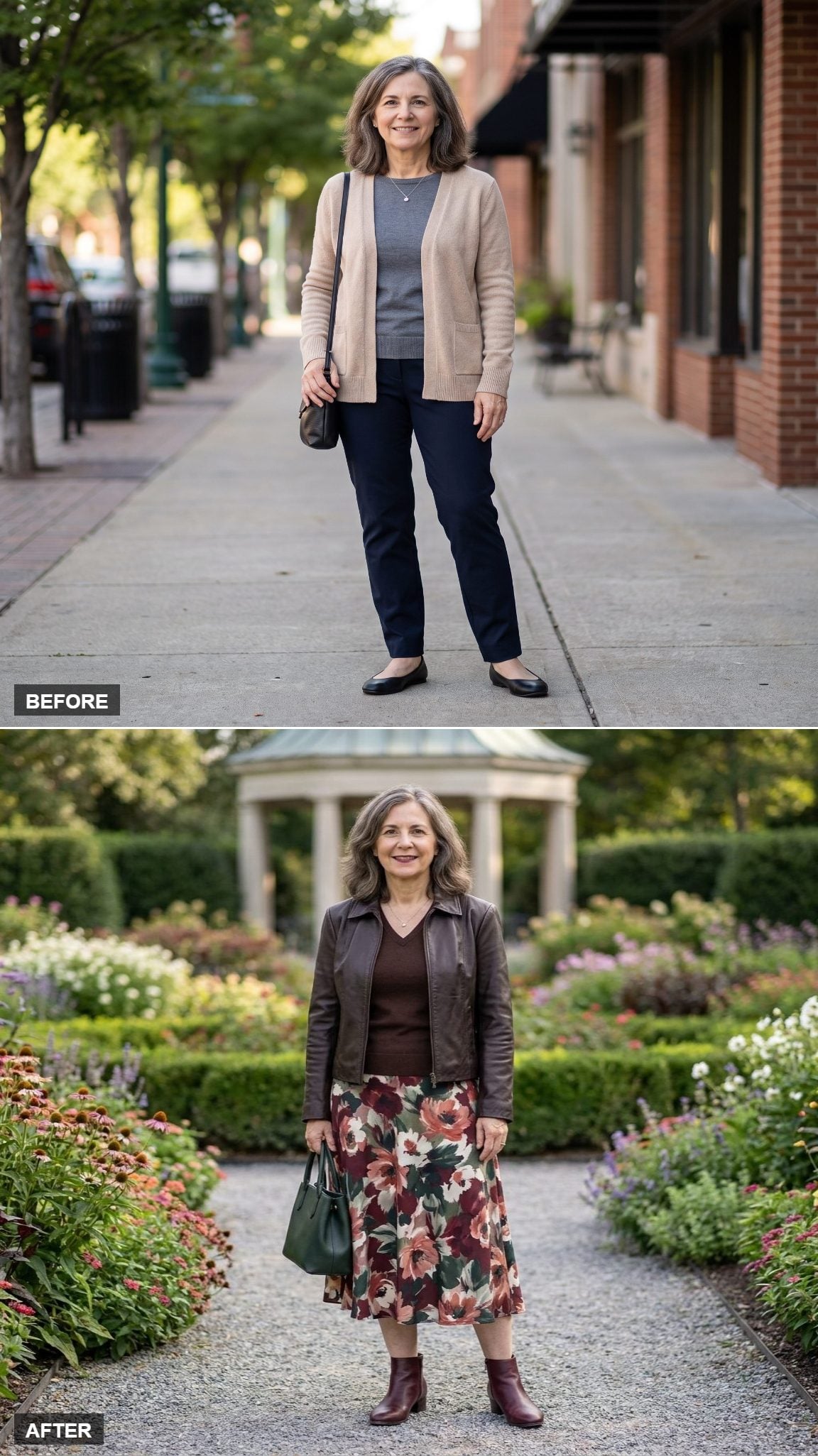 Painterly Floral Midi With Chocolate Leather Jacket in the Garden