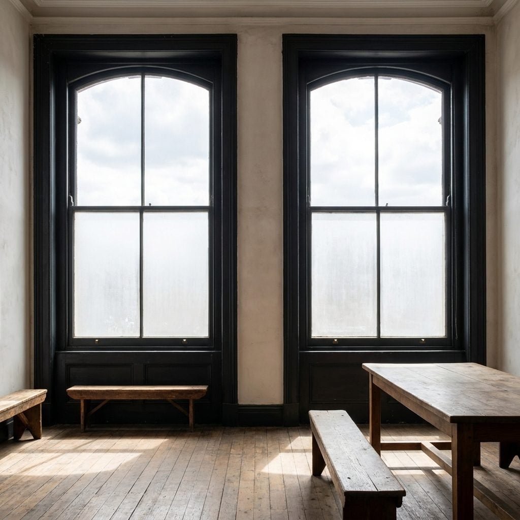 Large sunroom living space with charcoal-navy walls painted around several enormous bright windows.