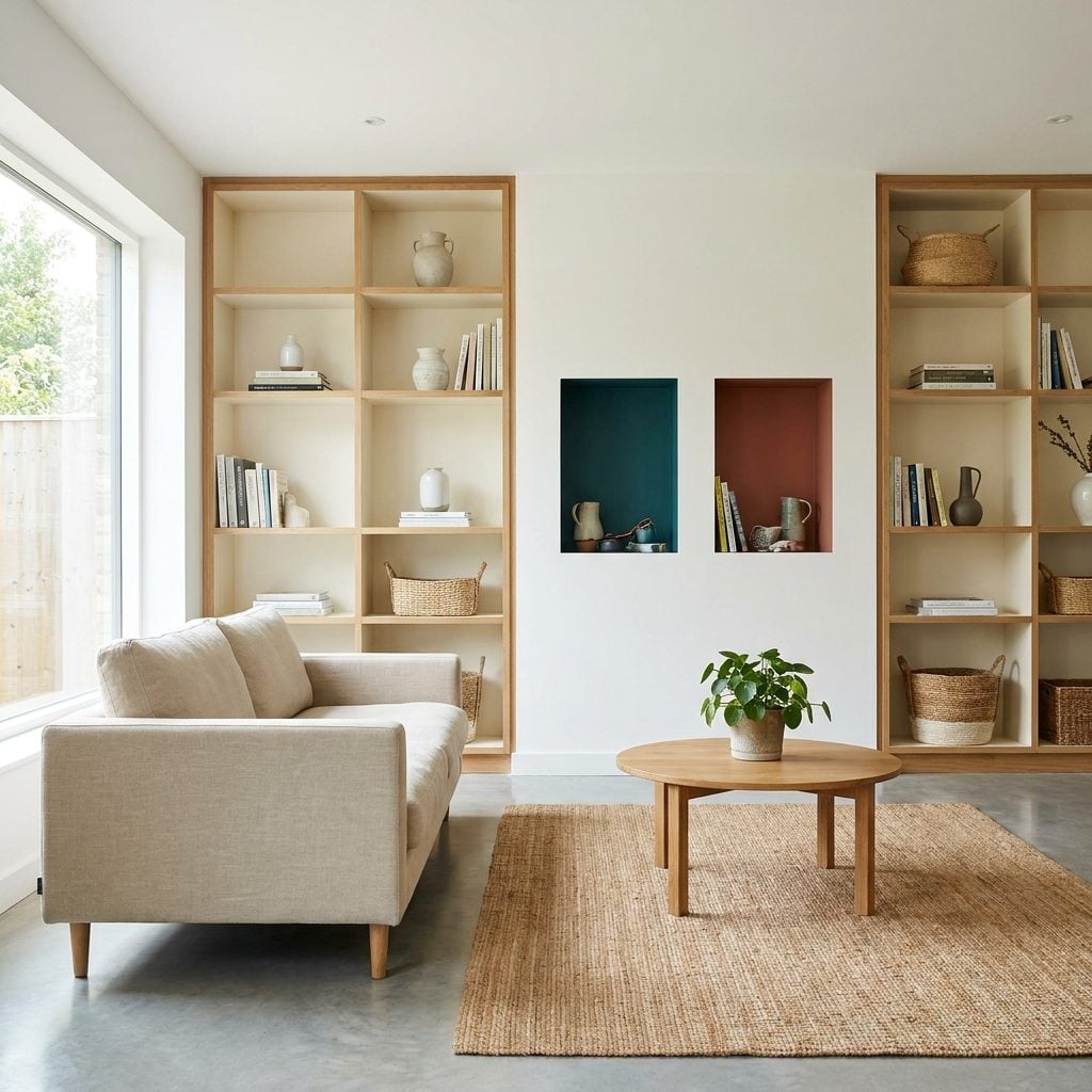 Contemporary living room with warm-white walls and several recessed niches each painted teal, rust and olive.