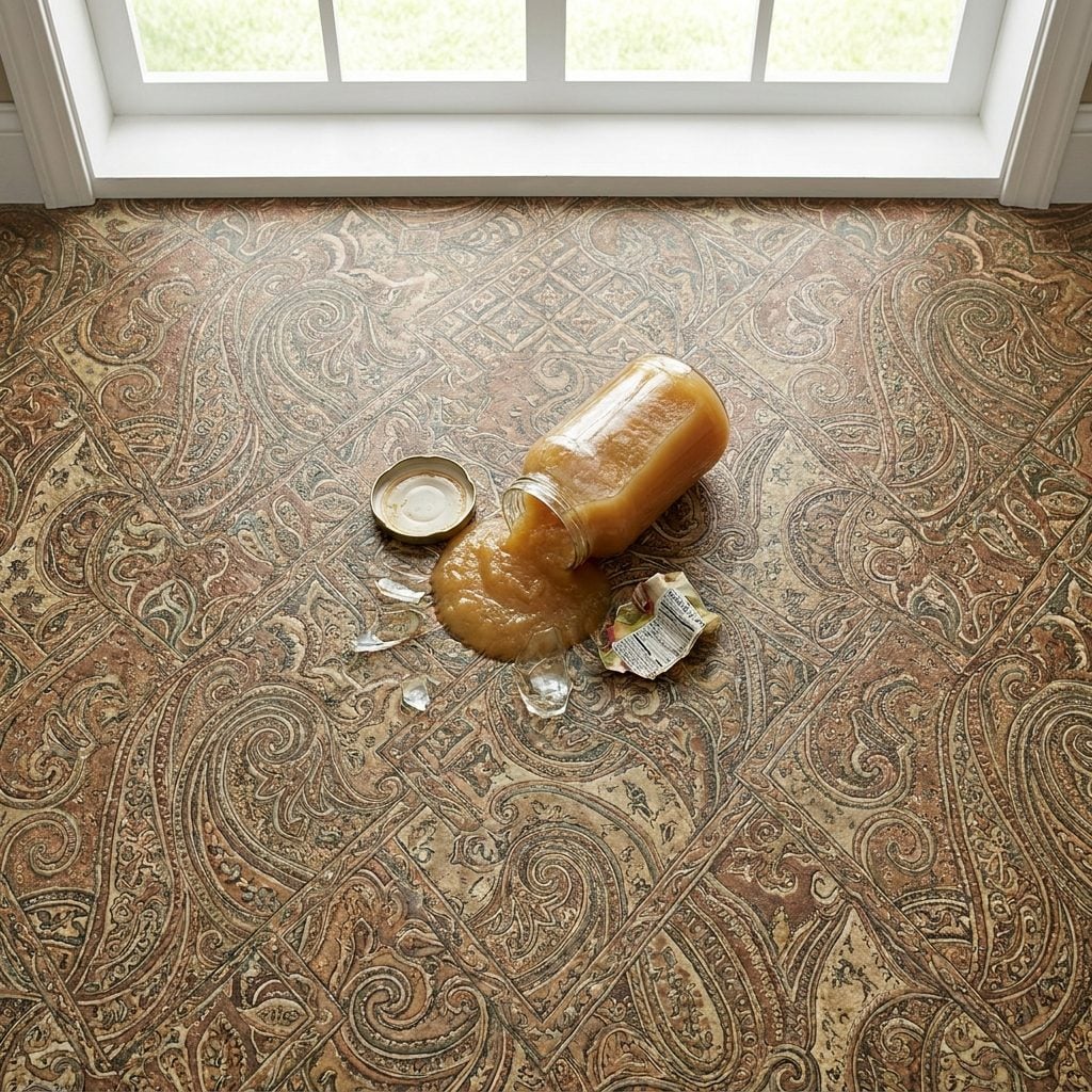 Patterned vinyl kitchen floor designed to hide everyday messes